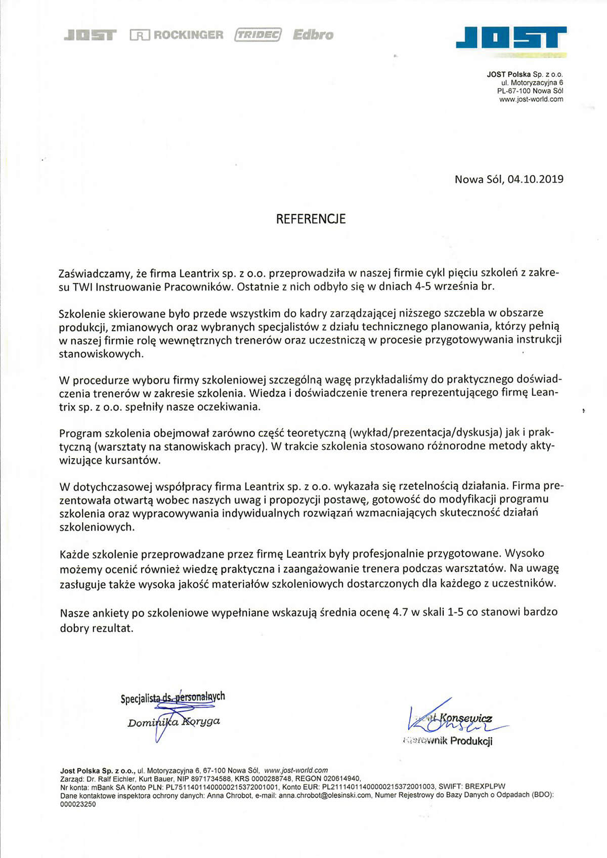 Referencje od klientów LeanTrix - JOST Polska