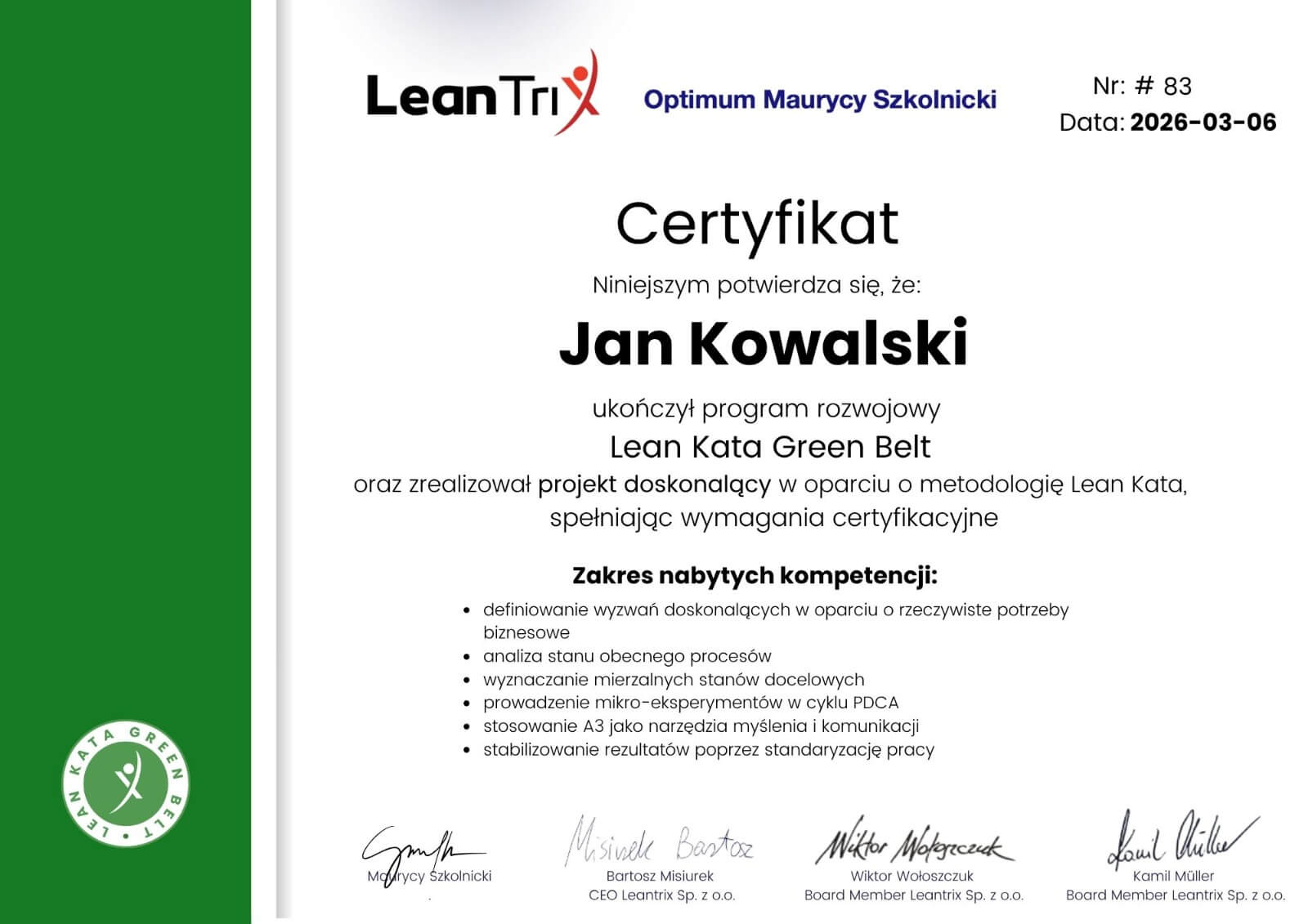 Lean Kata Green Belt - Certyfikat ukończenia kursu
