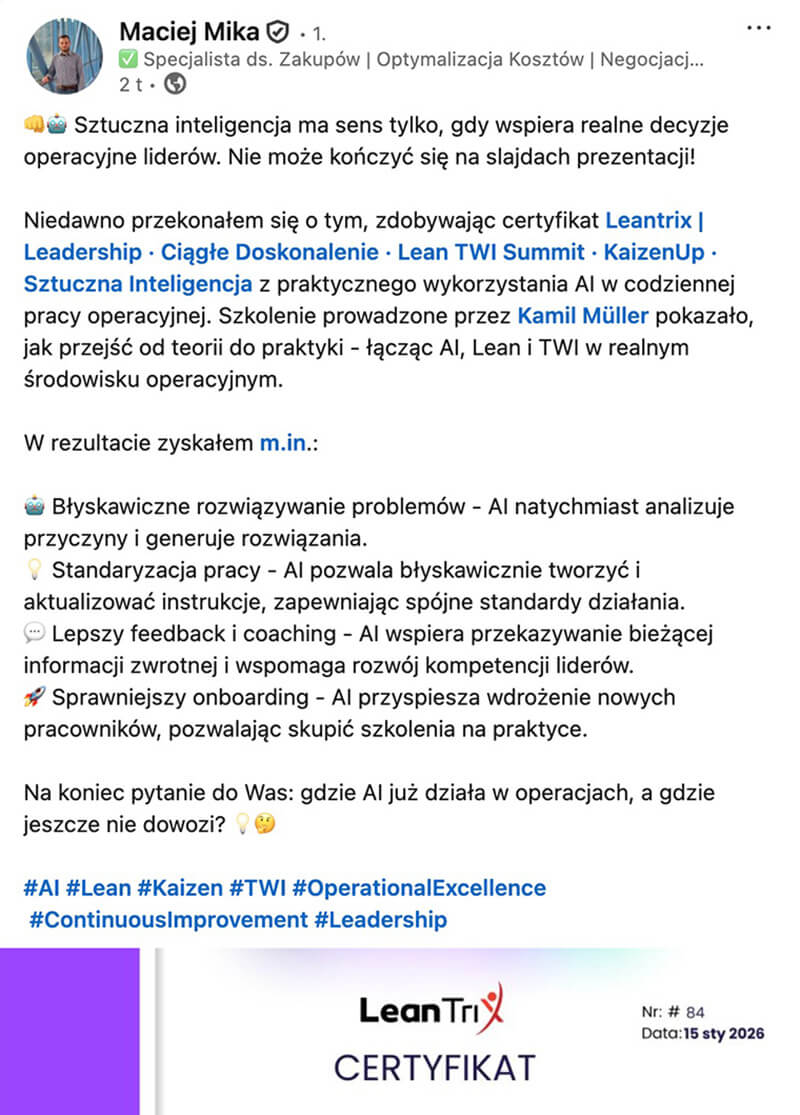 Opinia Macieja Miki po kursie Lean AI LeanTrix