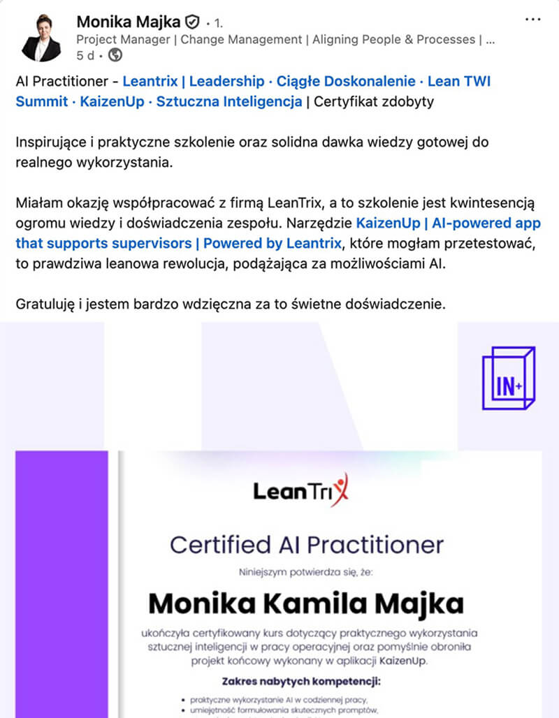 Opinia Moniki Majki po kursie AI Practitioner LeanTrix