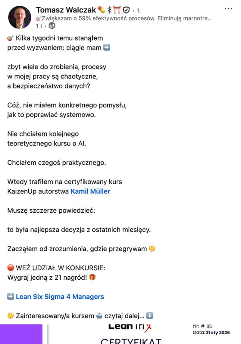 Opinia Tomasza Walczaka po kursie Lean AI LeanTrix