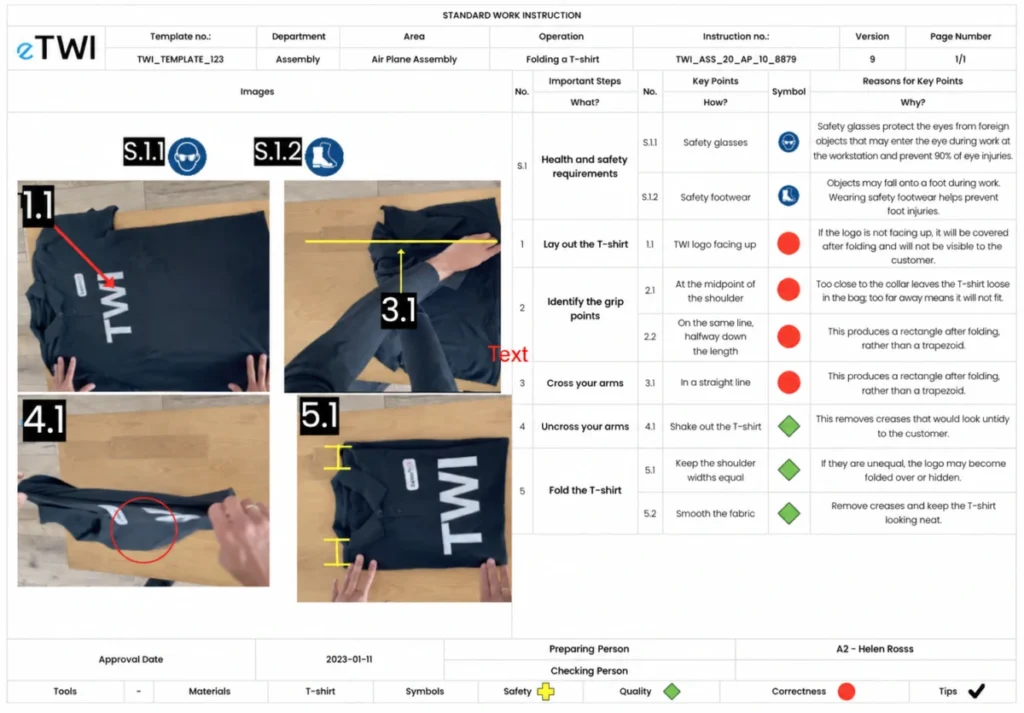 English eTWI standard work instruction for folding a T-shirt, with important steps, key points and reasons.