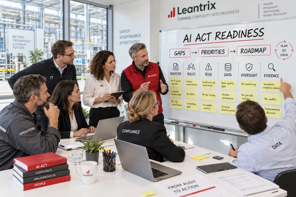 LeanTrix AI Act readiness workshop with English gap, priority, roadmap and compliance evidence notes.
