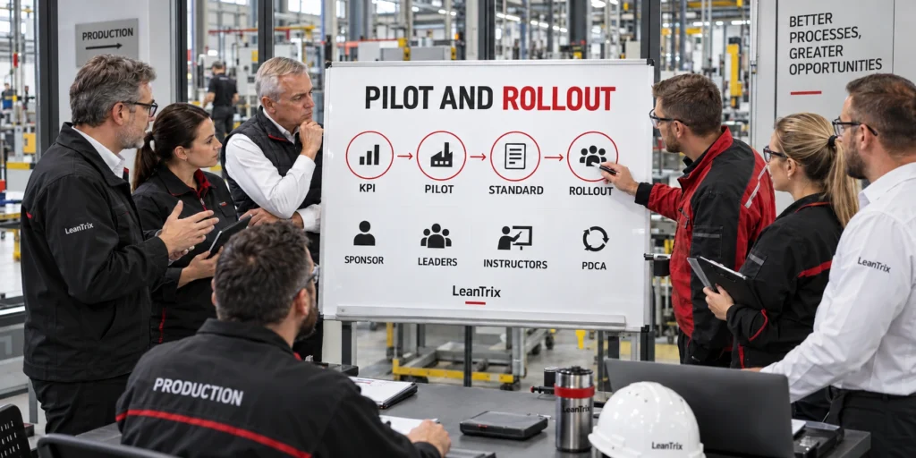 LeanTrix pilot and rollout workshop showing KPI, pilot, standard, rollout, sponsor, leaders, instructors and PDCA in English.