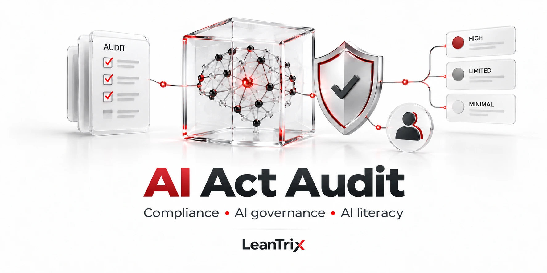 AI Act Audit: compliance, AI governance and AI literacy, with an AI model, oversight shield, audit checklist and risk categories.