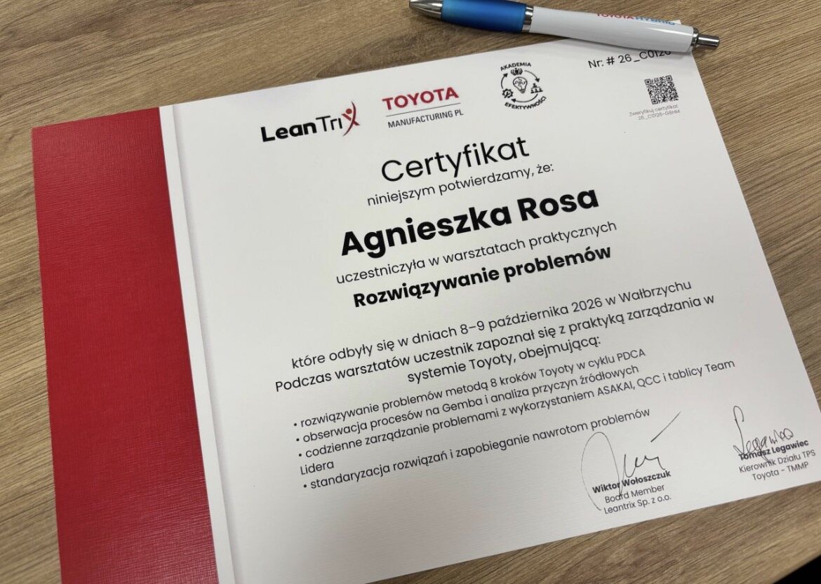 Agnieszka Rosa's certificate after a Problem Solving workshop at Toyota Motor Manufacturing Poland