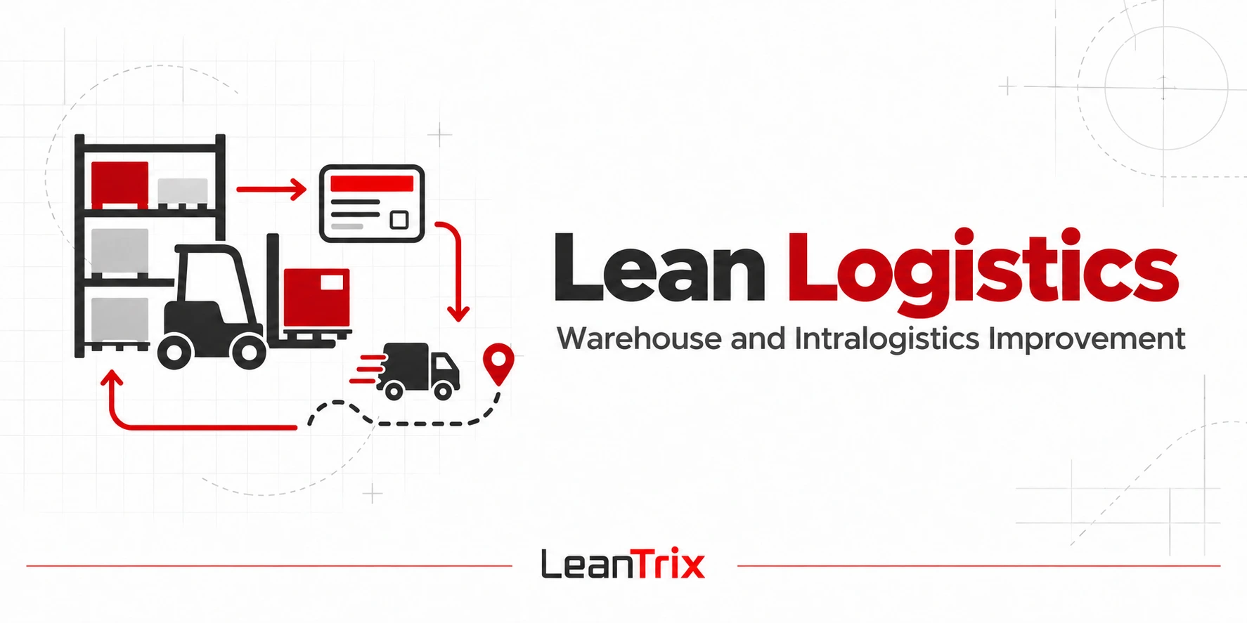 Lean Logistics: warehouse and intralogistics improvement, with warehouse, forklift, Kanban and transport icons.