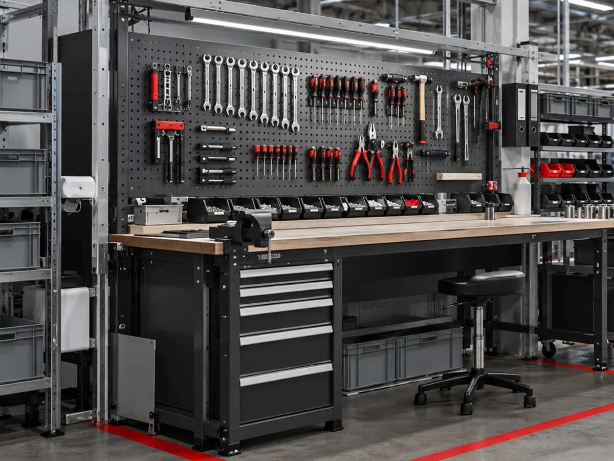 Organised production workplace with shadow board and clearly marked locations