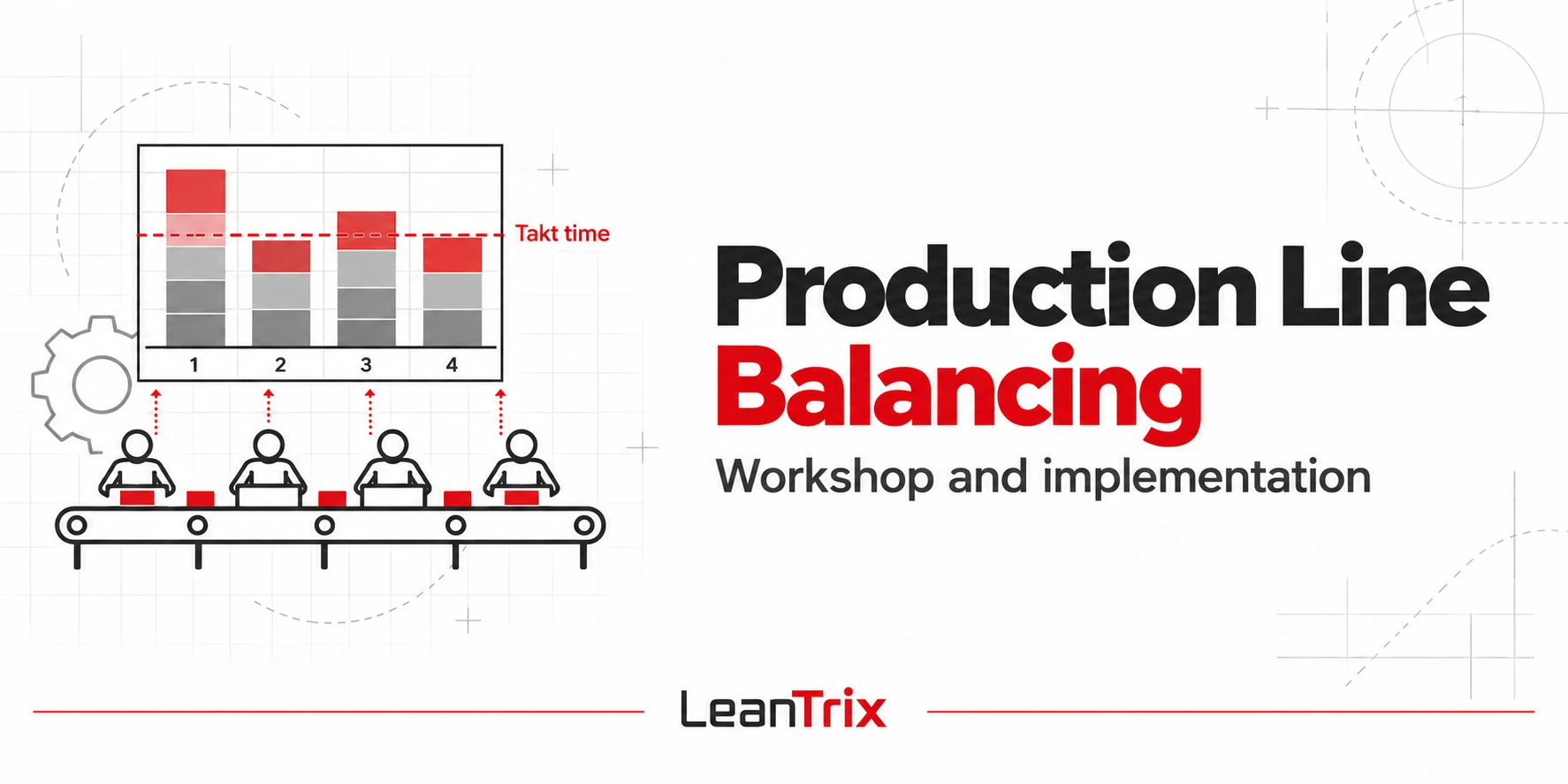Production Line Balancing banner with a Yamazumi chart, takt time line and four production workstations.