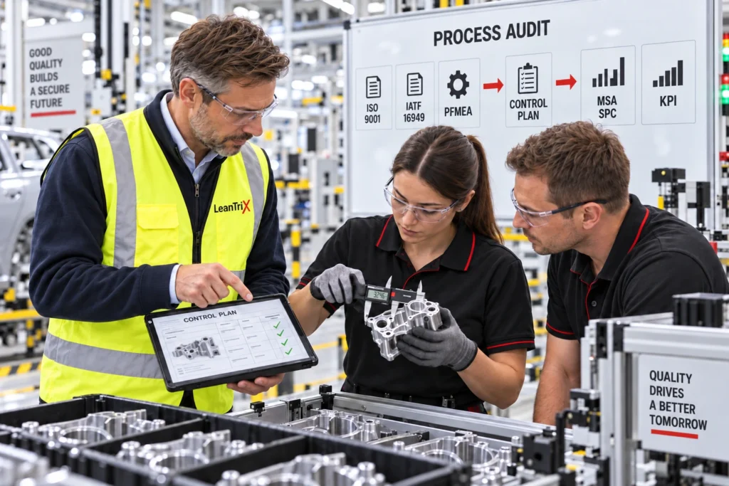 LeanTrix consultant and production team reviewing a process audit, control plan and quality measures.
