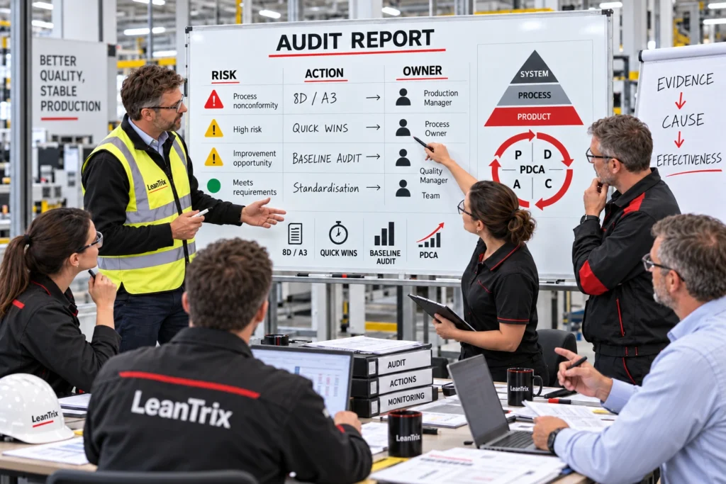 LeanTrix team reviewing an English audit report with risks, actions, owners and the PDCA cycle.