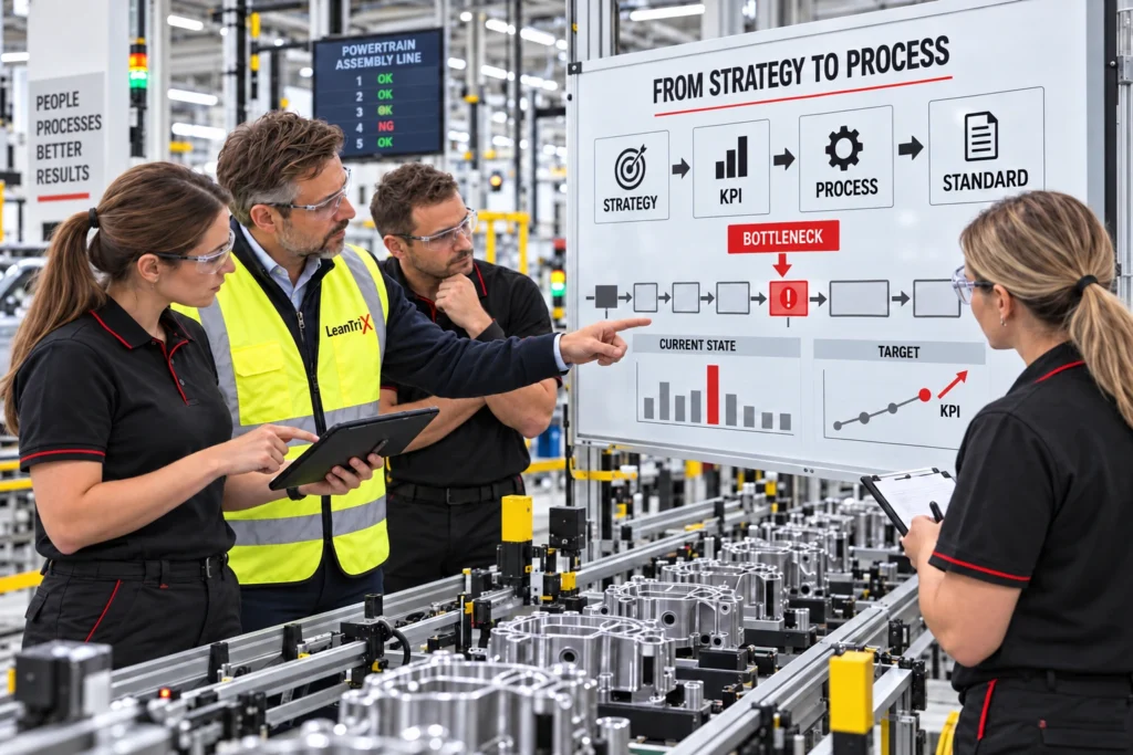 LeanTrix team connecting strategy, KPIs, process standards and bottleneck improvement on a factory board.
