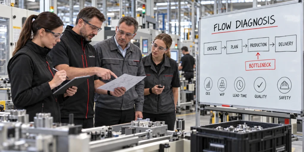 Factory team analysing flow from order through planning and production to delivery, with a bottleneck and quality and safety measures – LeanTrix